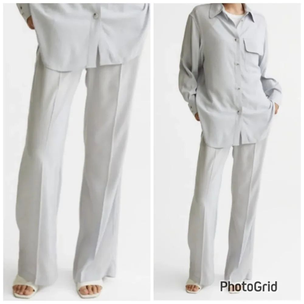 H&M Light Gray Blue Elastic Waist Wide Leg Pants